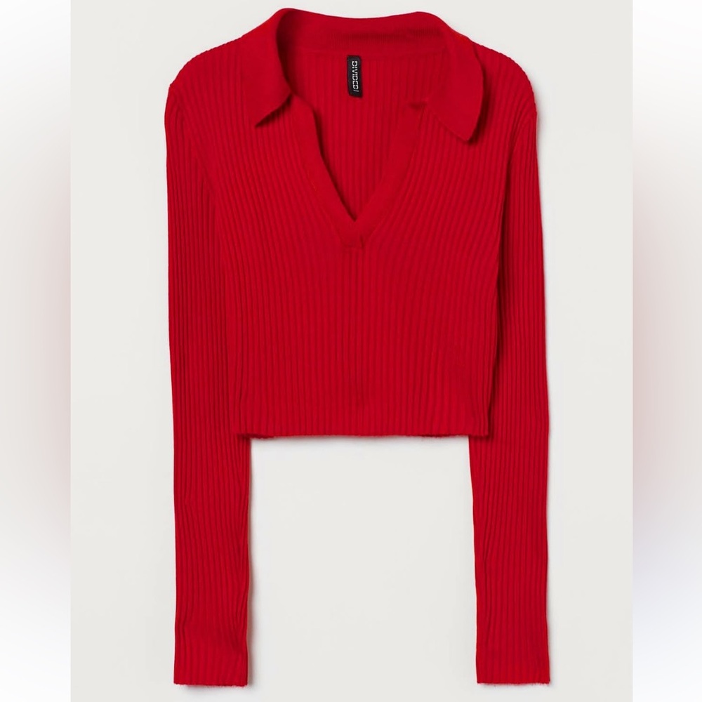 H&M Red Ribbed Long Sleeve Collared Top